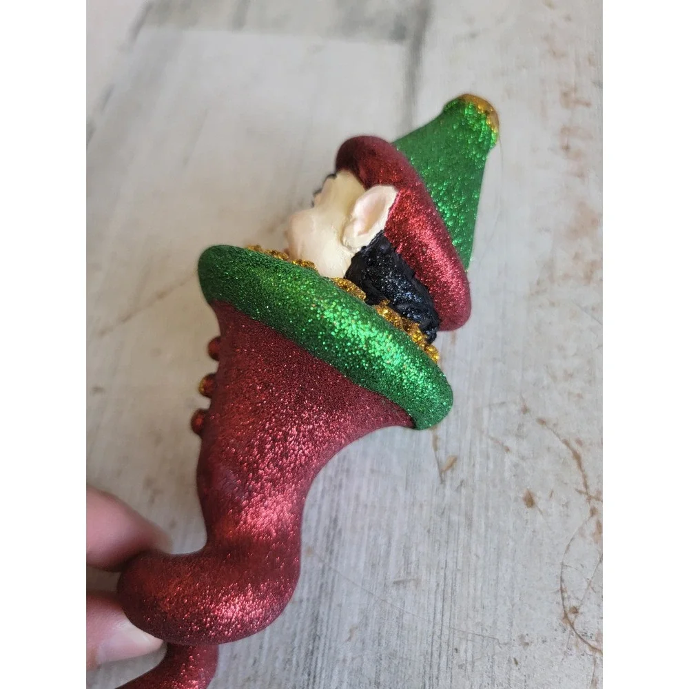 Vintage dept 56 glitter elf Santa helper twist abstract ornament Xmas cork